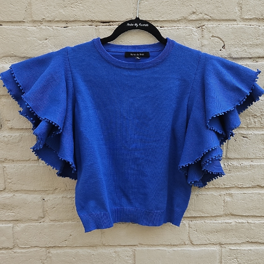 Strut And Bolt Blue Ruffle Sleeve Top